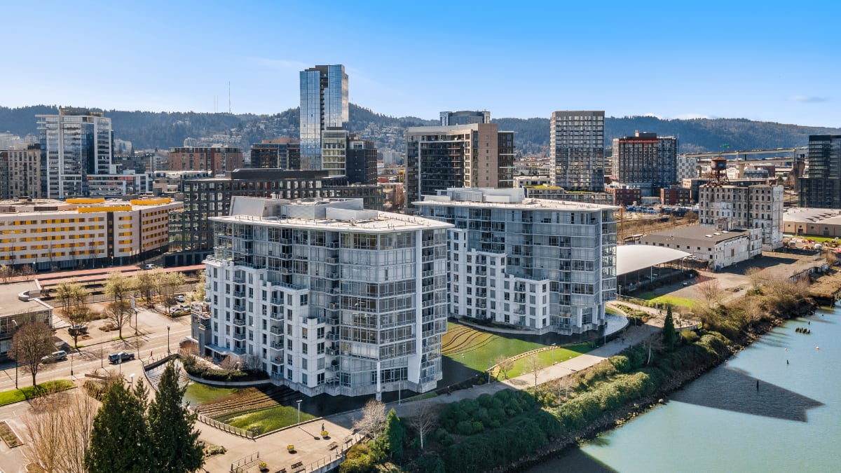 Aerial view of Waterfront Pearl condos along the Willamette River in Portland, Oregon